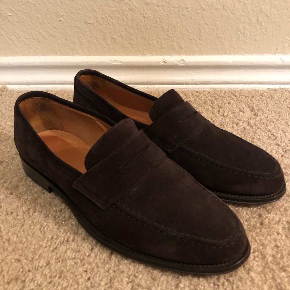 Chocolate brown suede penny loafers